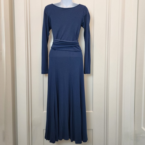 Peruvian Connection Blue Pima Cotton Modal Faux Wrap Midi Dress XS Quiet Luxury - Picture 3 of 13
